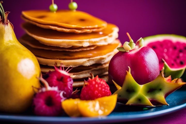Can you recommend some unusual and exotic fruits to use as pancake toppings?